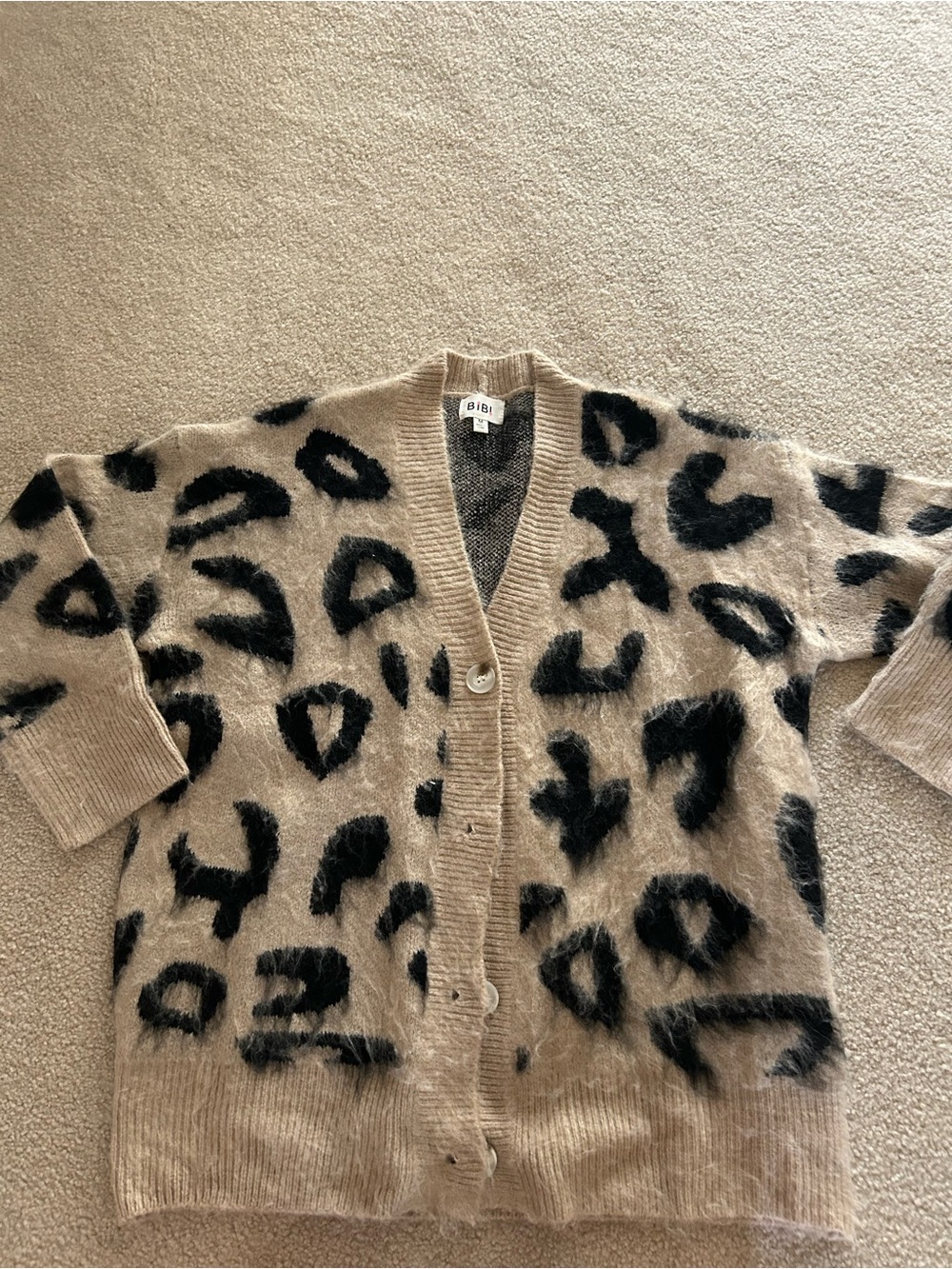 BiBi Beige and Black Leopard-Print Button Cardigan